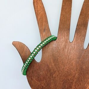 HANDMADE Leather Bracelet with Metallic Green Cord Wrapped Rhinestone Chain